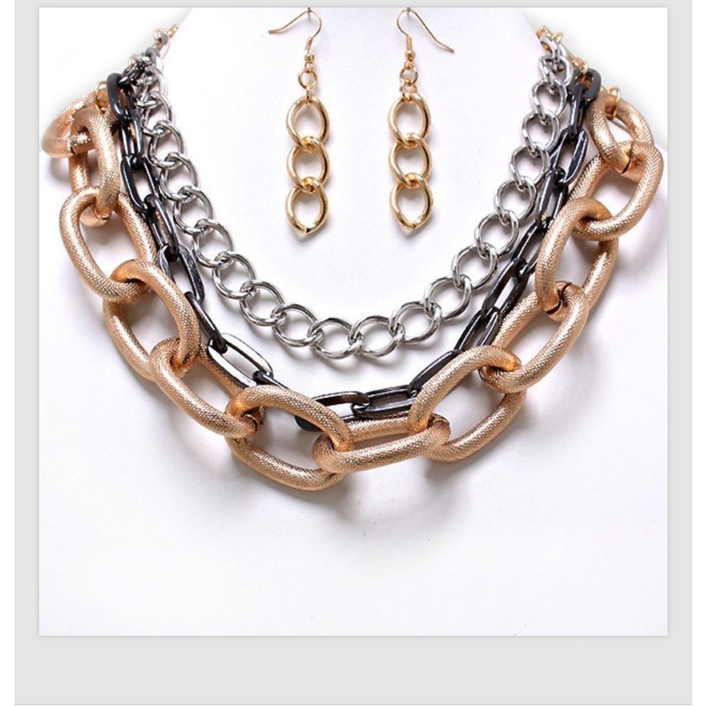 Tri Color Link Chain Necklace Earrings Gold Silver Hematite Super Chunky Women